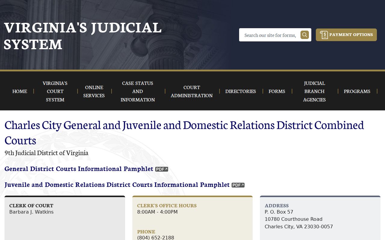 Charles City County General District and J&DR court contact page for bench warrant routing