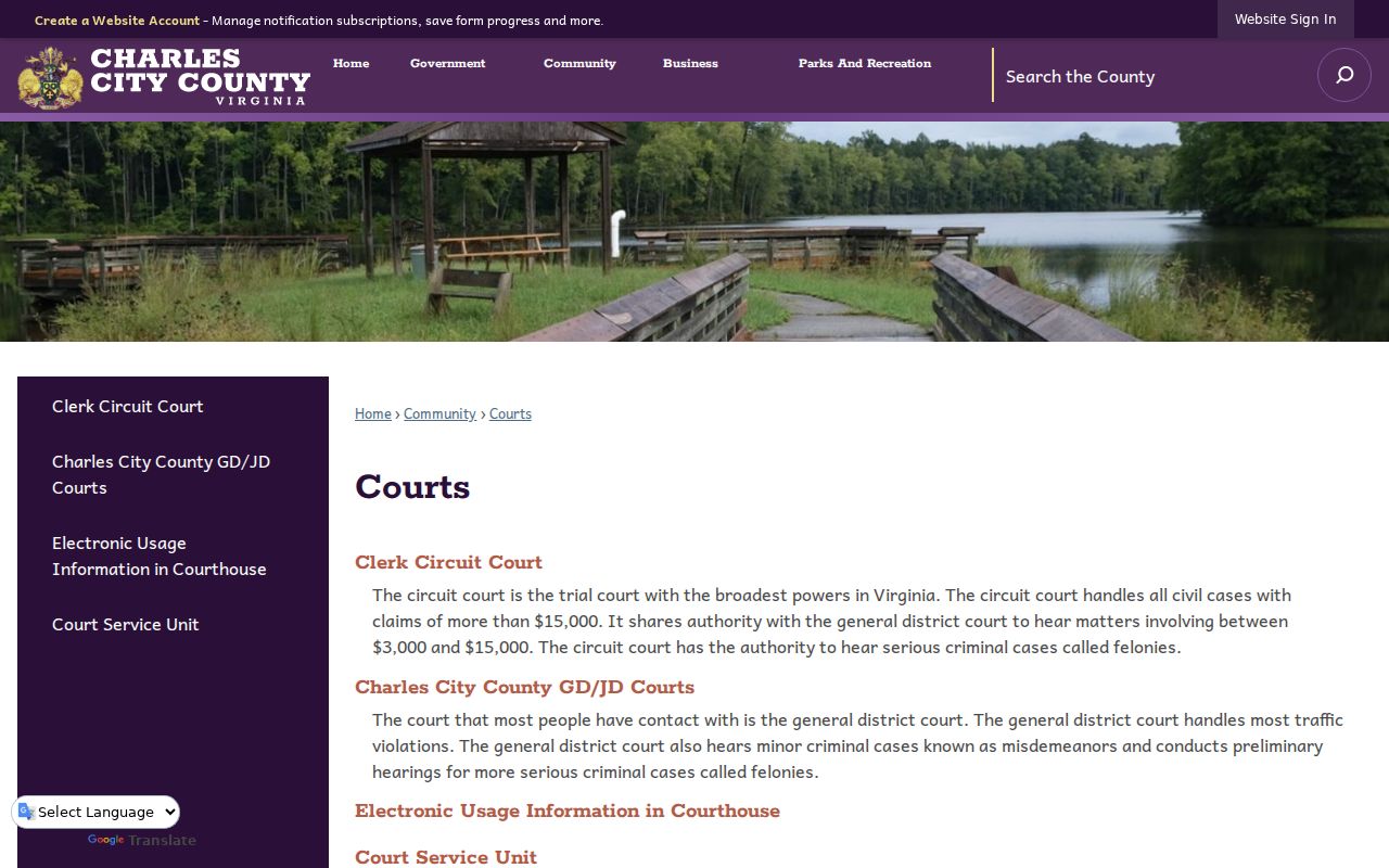 Charles City County court routing information for local warrant records