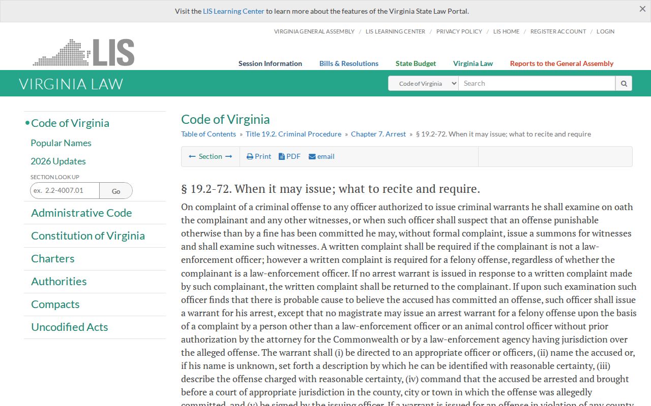 Virginia arrest-warrant issuance law for Charles City County arrest warrant records