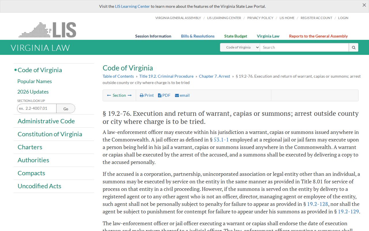 Virginia execution and return law for Charles City County arrest warrant process