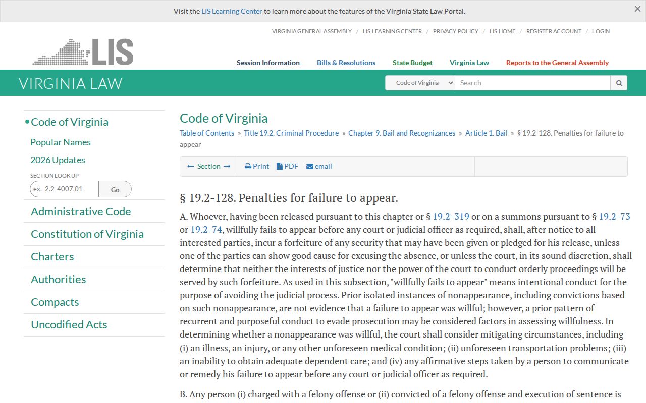 Virginia failure-to-appear statute relevant to Charles City County traffic warrants