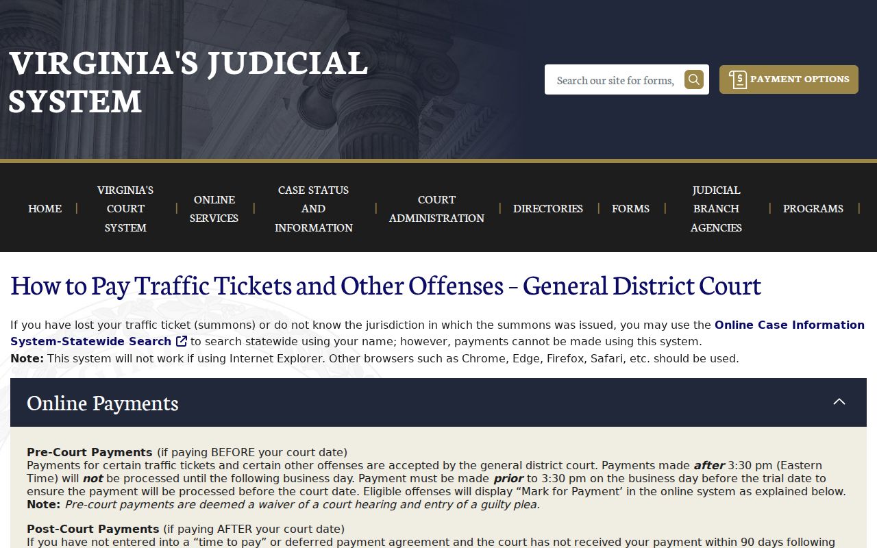 Virginia court ticket-payment route for Charles City County traffic warrant questions