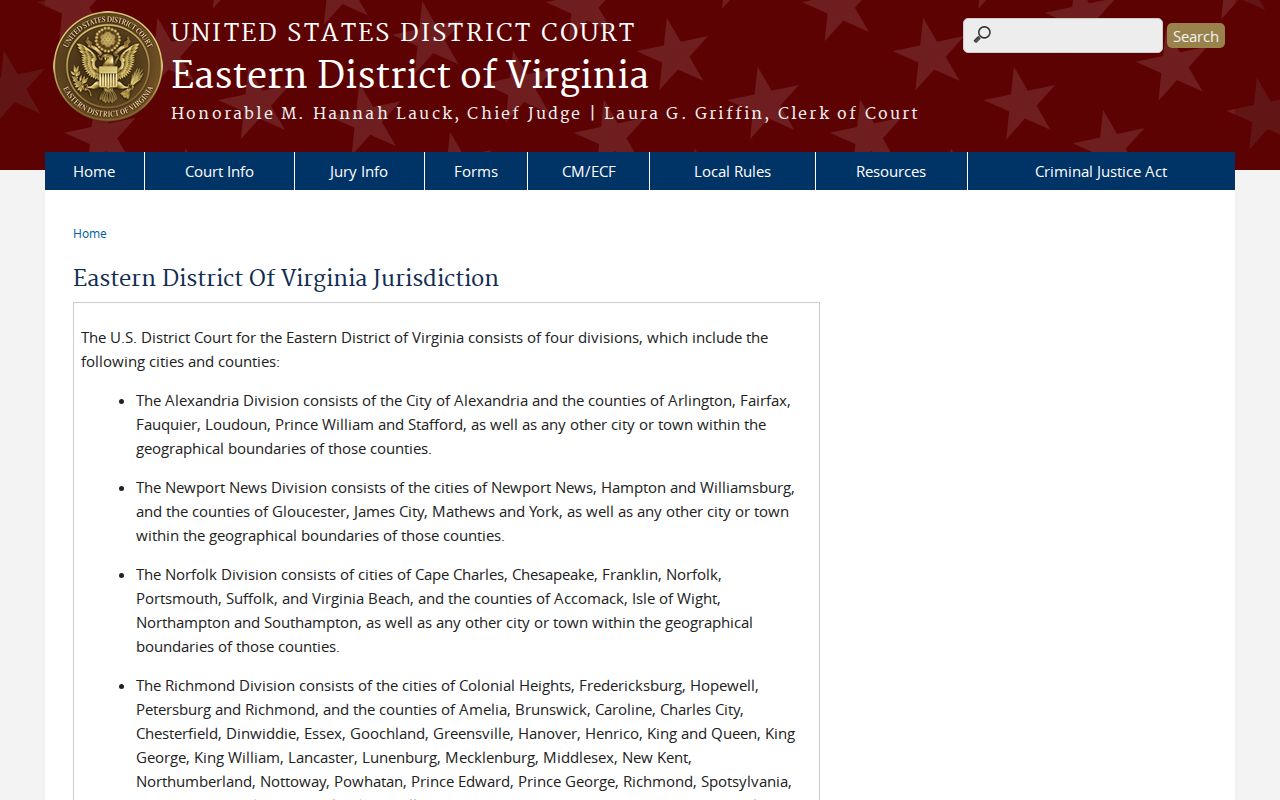 Eastern District of Virginia Richmond Division reference for Charles City County federal warrants