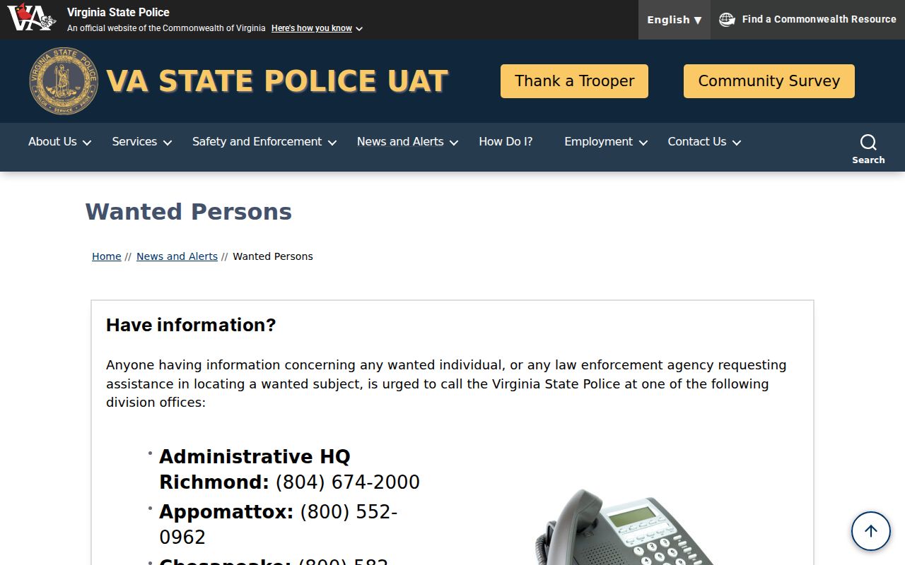 Virginia State Police tip contact resource for Charles City County wanted-person information