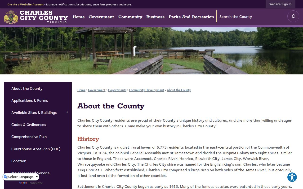 Charles City County government page confirming no incorporated-town municipal warrant courts