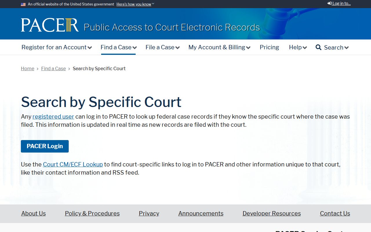 PACER specific-court search route for Charles City County federal warrant records