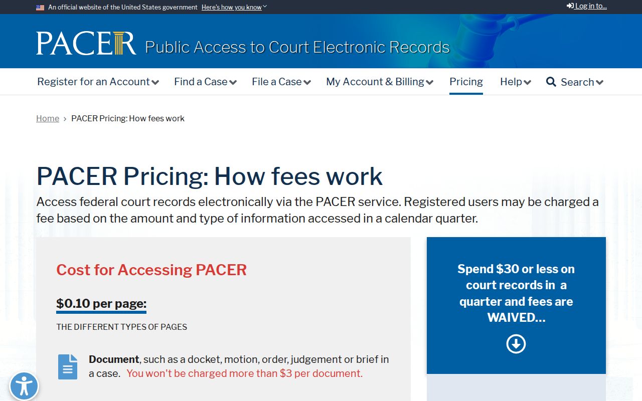 PACER pricing rules relevant to Charles City County federal warrant docket research