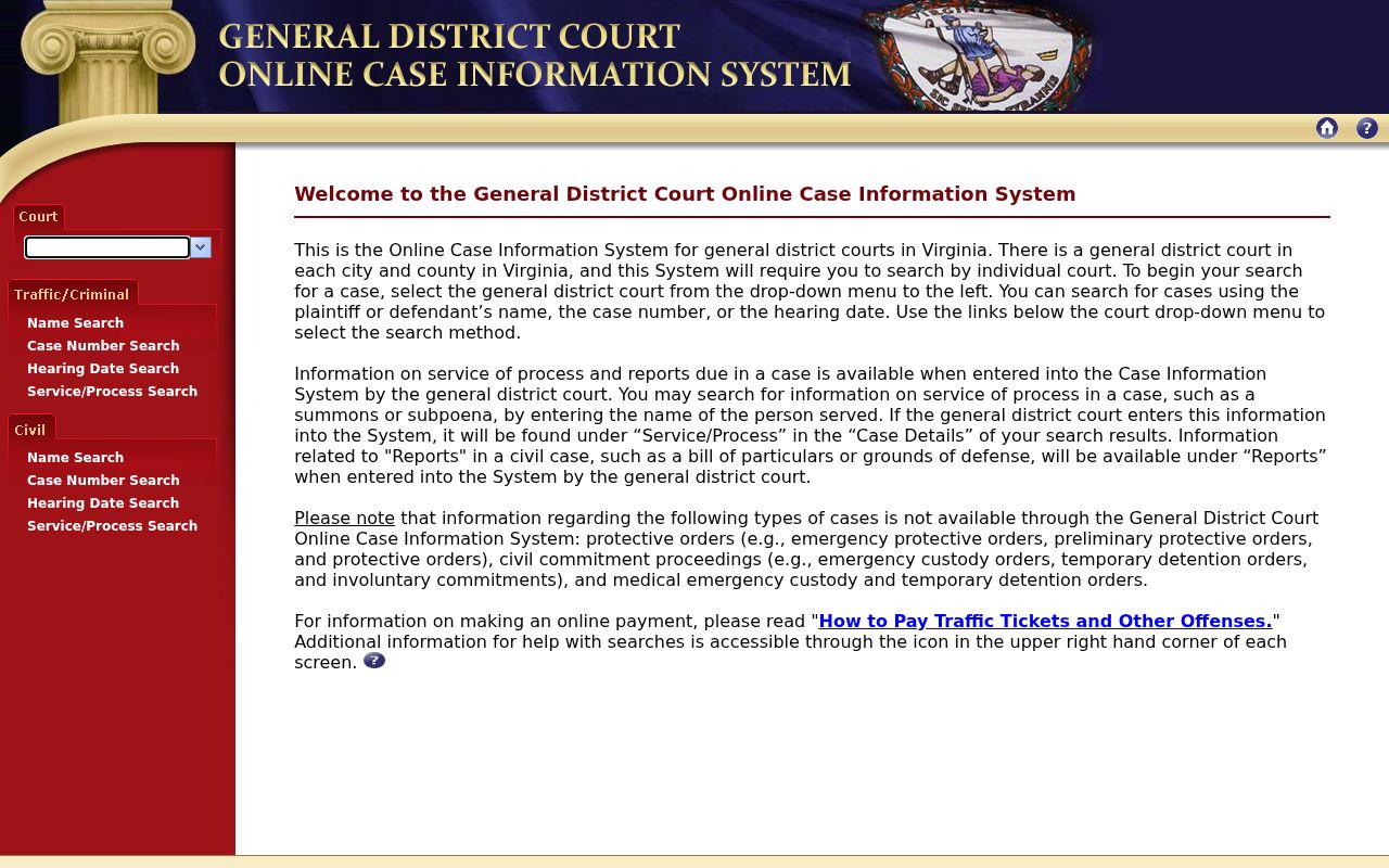 General District Court selector for narrowing a Charles City County warrant search