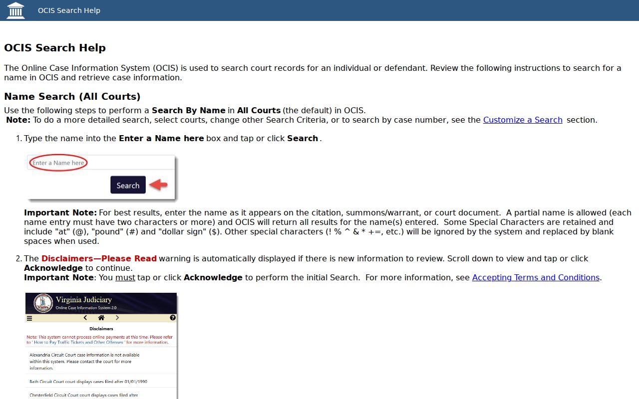 Official OCIS search-help fields for Charles City County warrant and case research