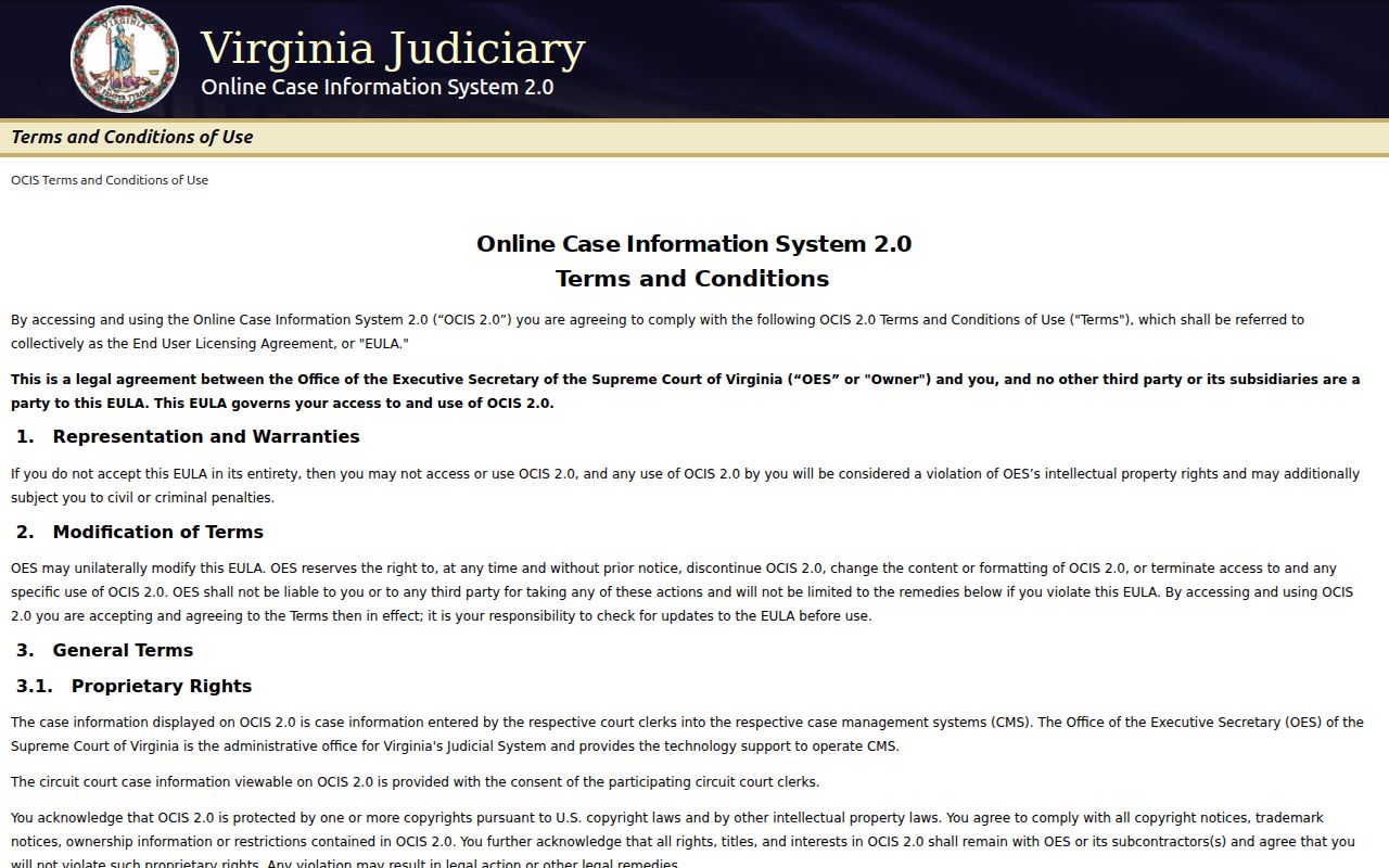 Virginia OCIS public case-search landing page used for Charles City County warrant research